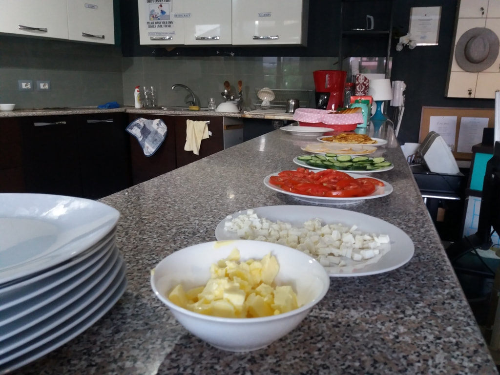 Breakfast buffet at Hostel Durres in Albania
