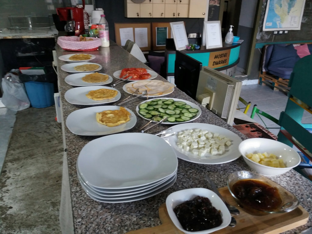 Breakfast buffet at Hostel Durres Albania