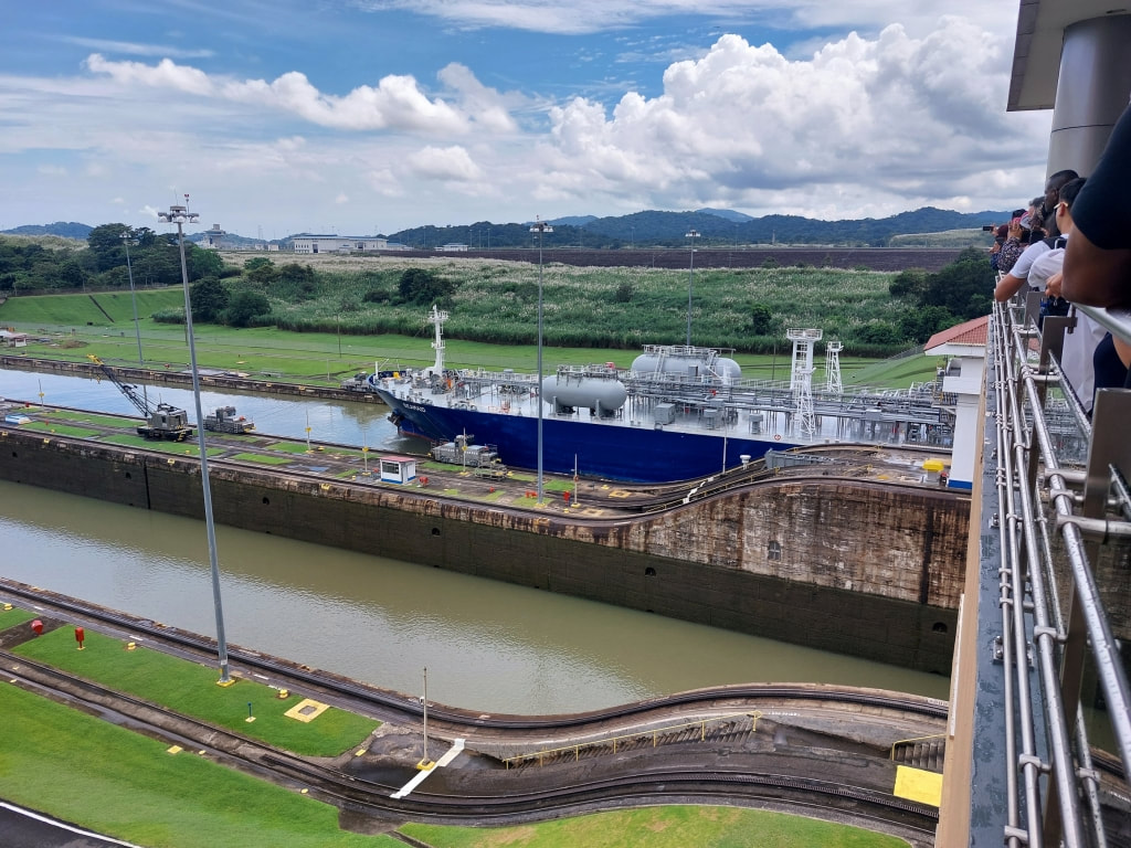 Ship passing through the Miraflores Lock on the Panama Canal