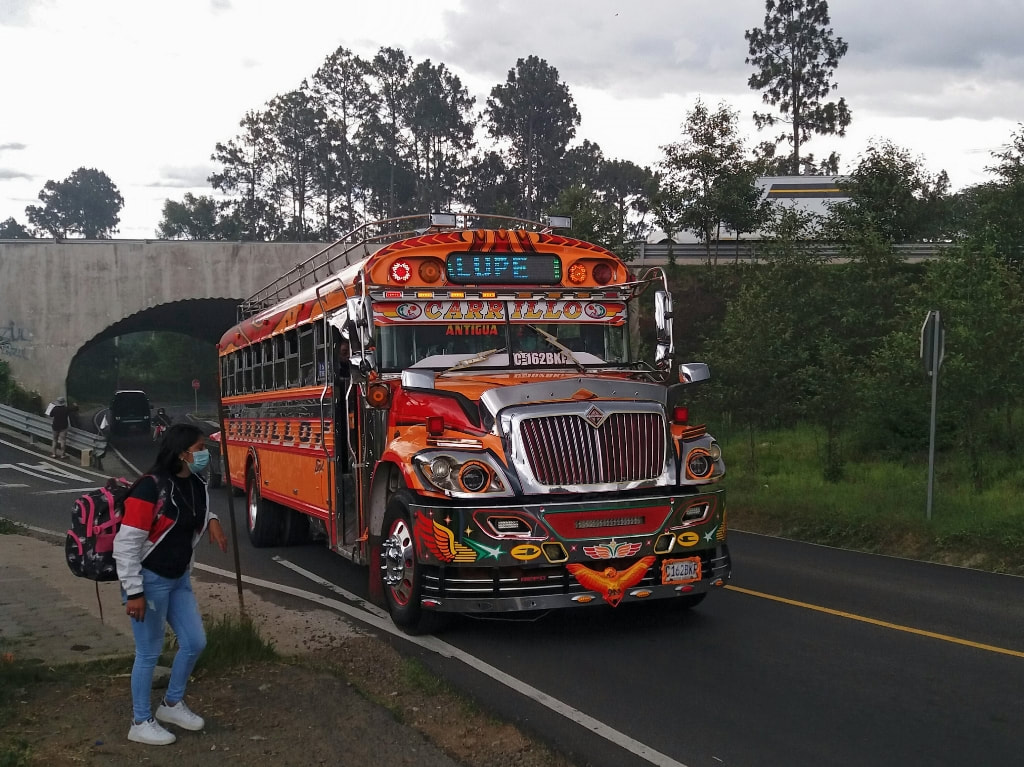 Chicken bus from Chimaltenango to Antigua in Guatemala