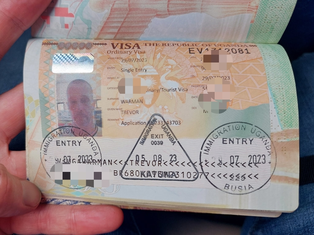 Uganda visa with entry and exit stamps