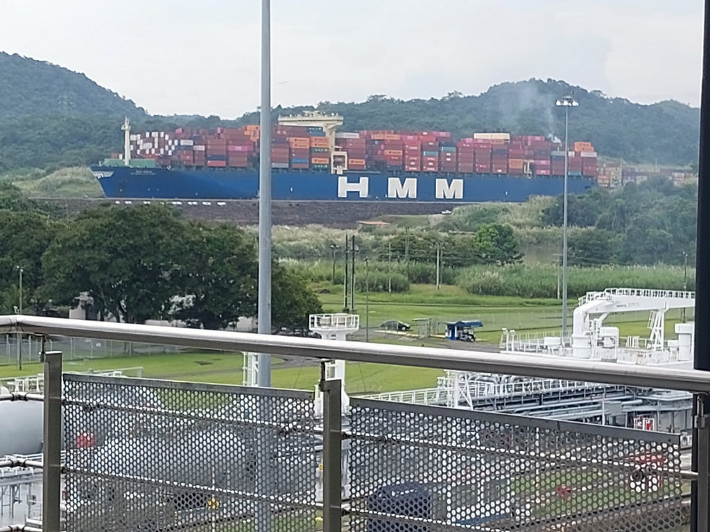 HMM container ship at Miraflores Lock Canal de Panama