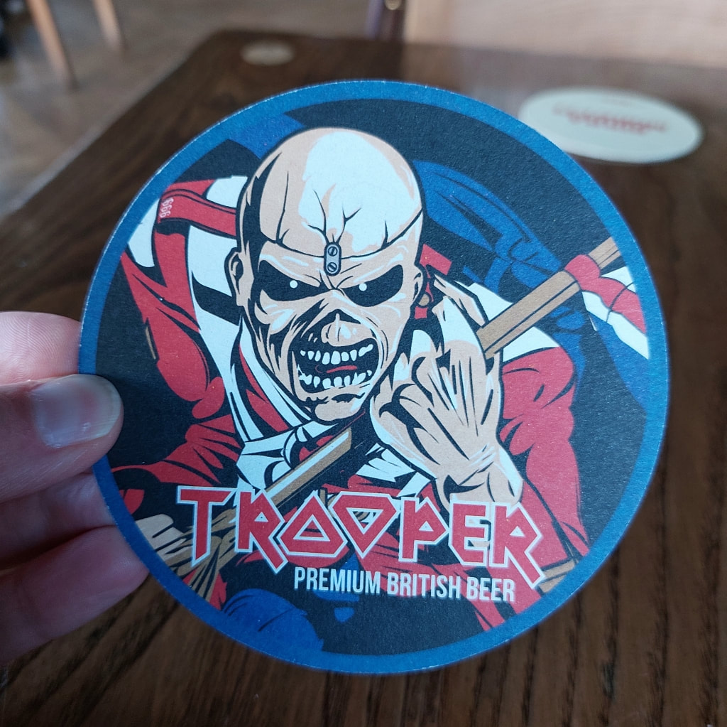 Trooper beer mat at The Cart & Horses - The Birthplace of Iron Maiden