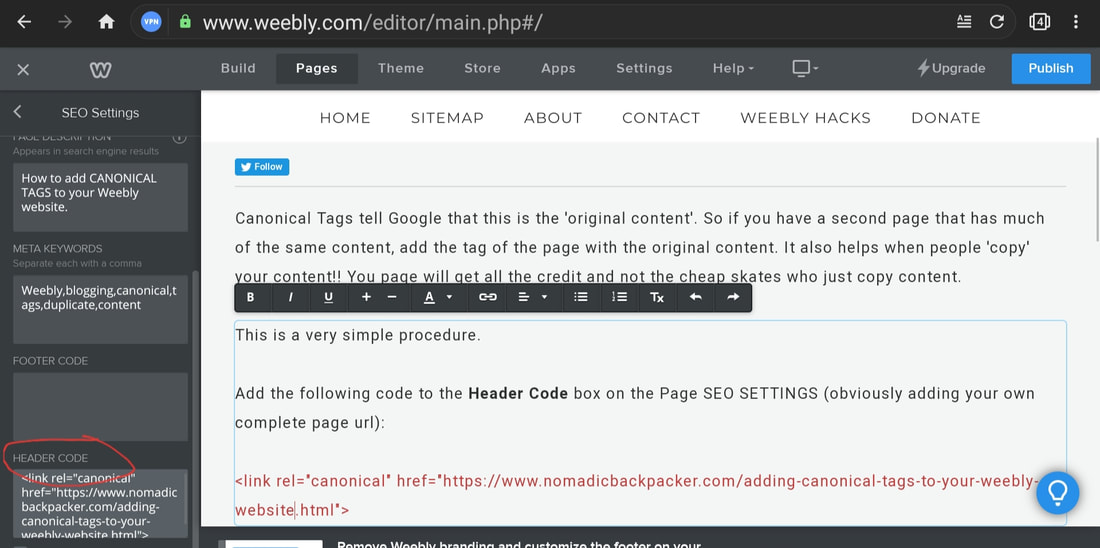 How to add canonical tags on Weebly