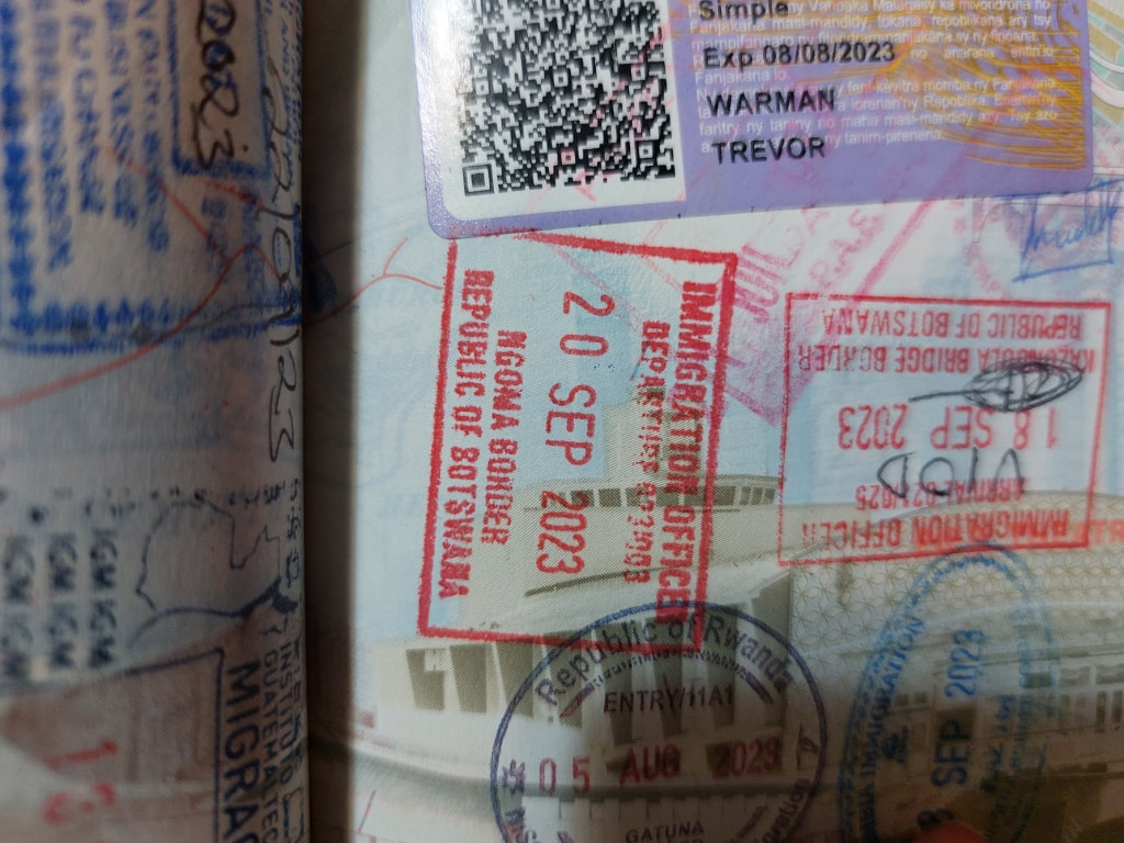Passport stamps from Namibia and Botswana