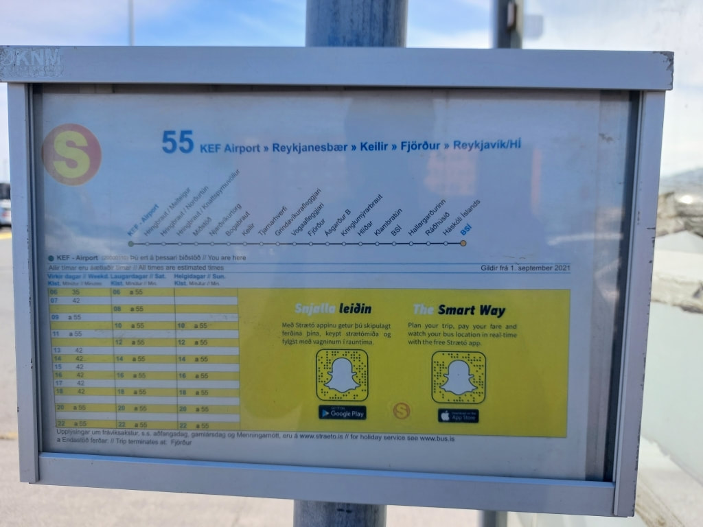 The Route 55 bus timetable from Reykjavik Airport to the BSI Bus terminal in downtown Reykjavik