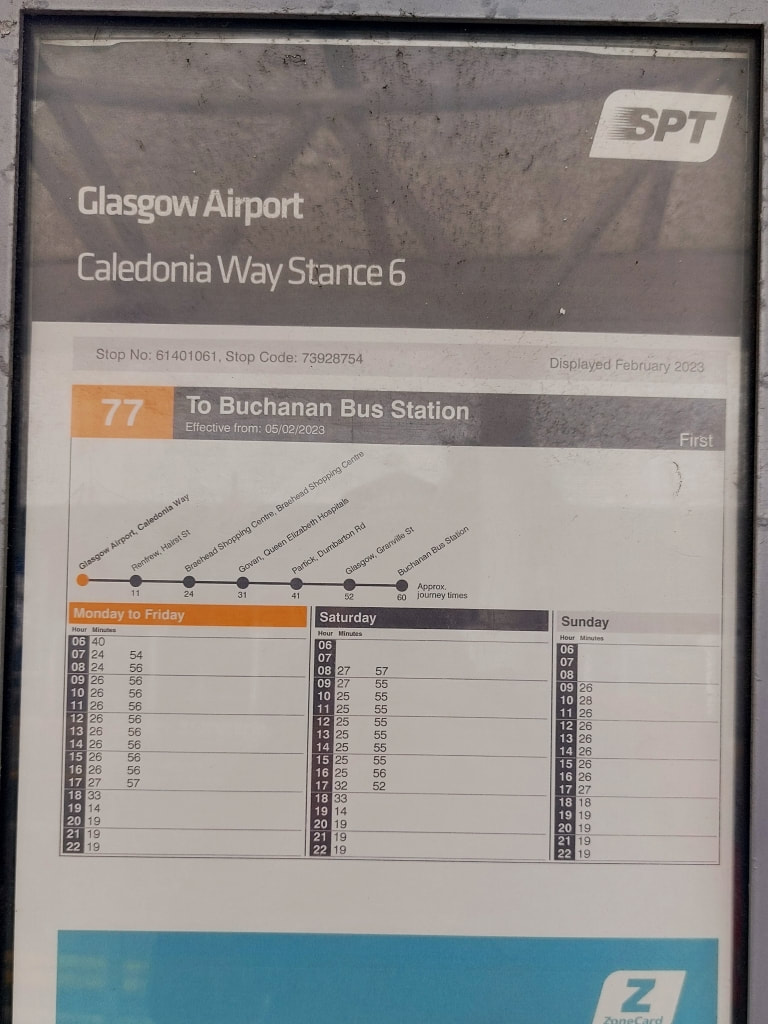 first bus number 77 timetable from the Glasgow airport to the city centre
