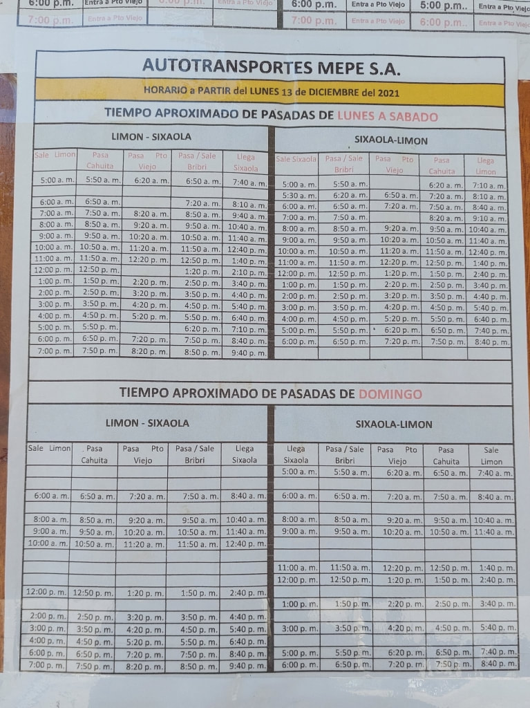Limon to Sixaola bus timetable