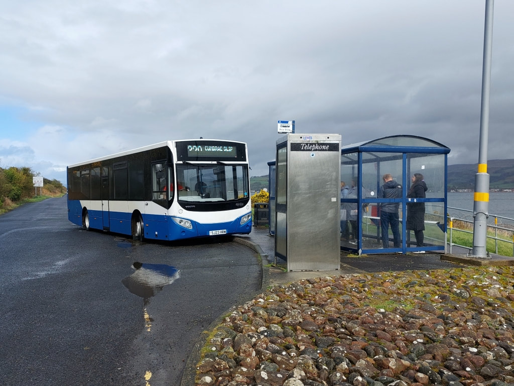 The #320 bus from the Cumbrae Slip (where the ferry arrives) to Millport