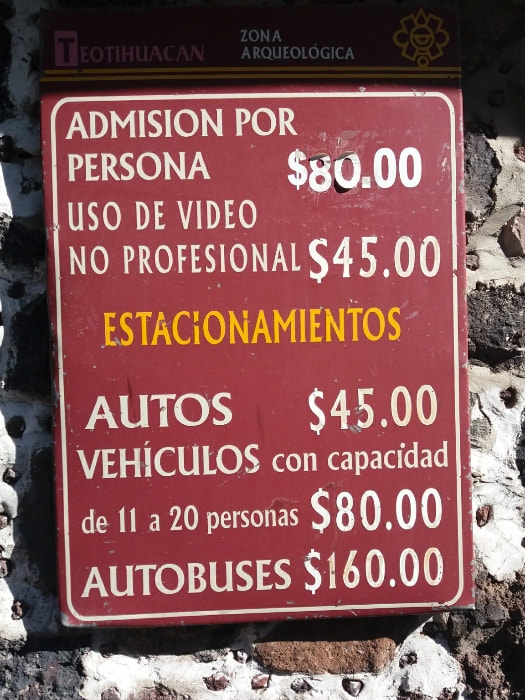 Entrance fees Teotihuacán 2020