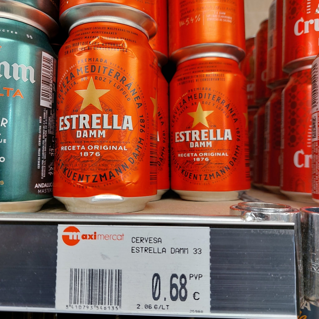 Estrella beer cans at the hypermarket in Andorra
