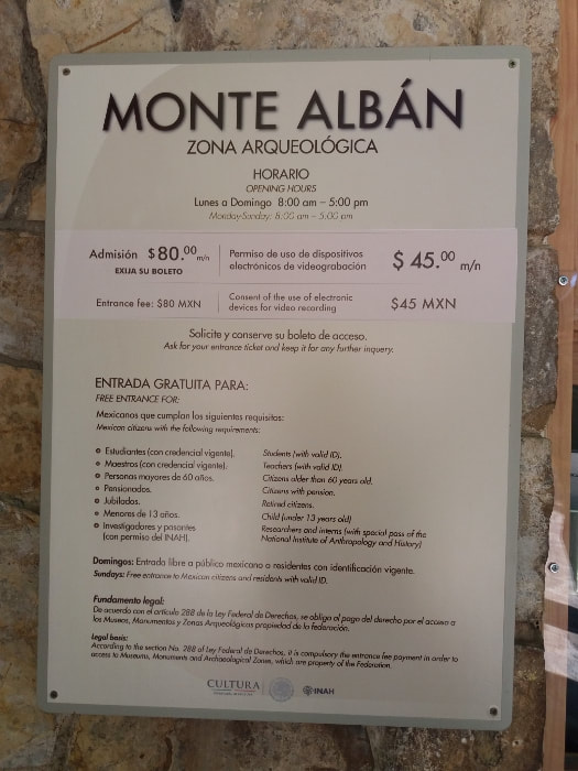 Monte Albán entrance fees 2021