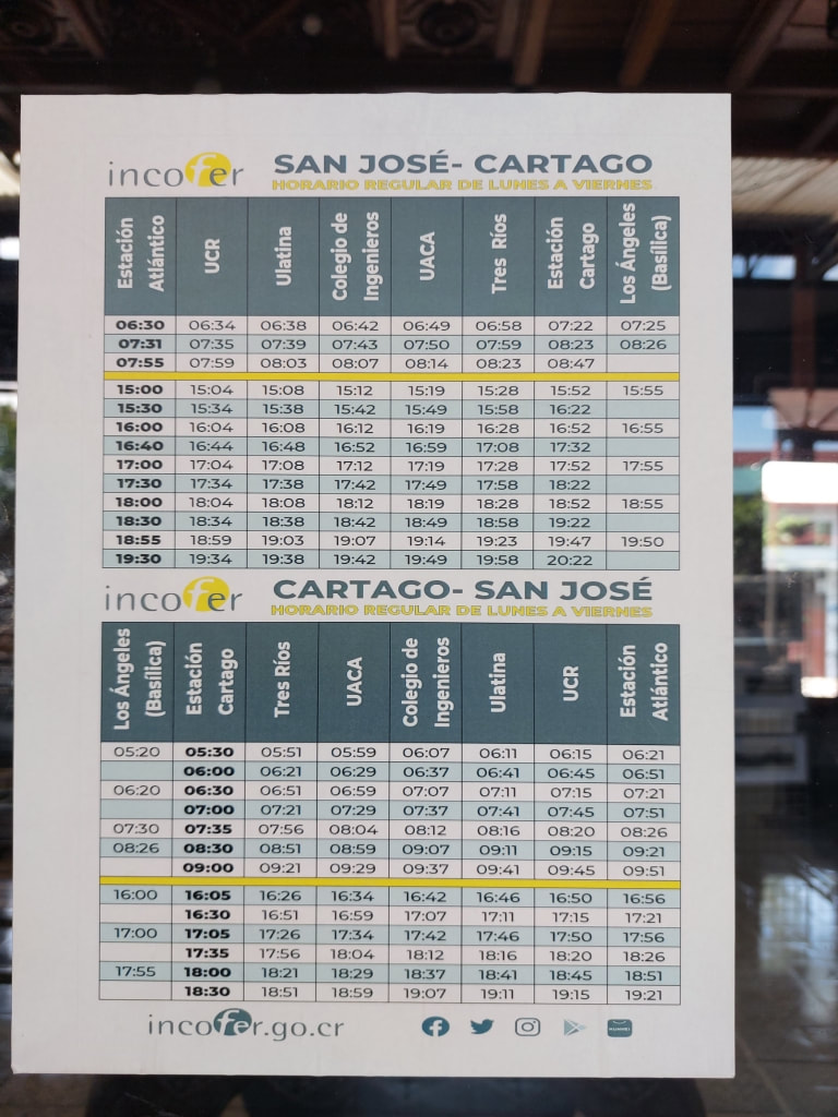 San José to Cartago train timetable