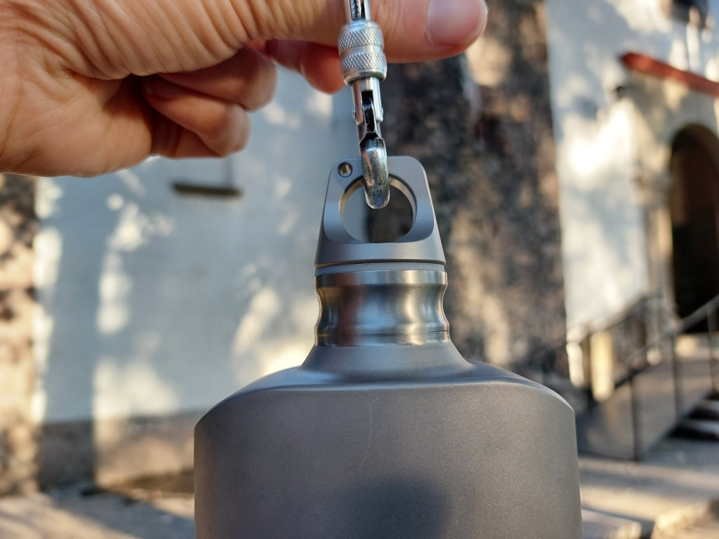 attaching a carabiner to the SilverAnt Ultralight Titanium Slim 800ml Water Bottle