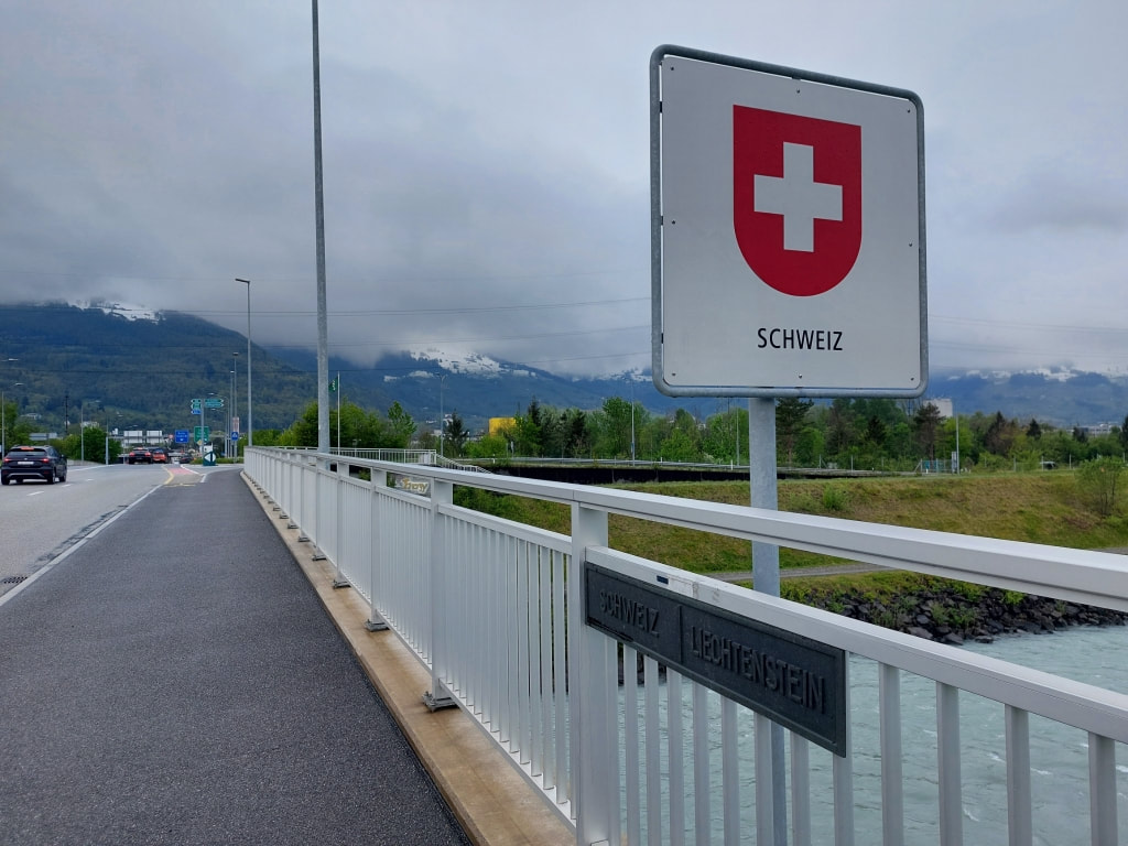 Switzerland sign on the bridge over the river rhine