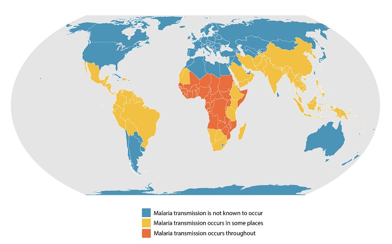 Map of malarial zones by the CDC