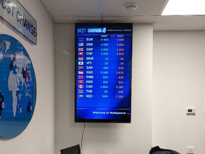 Board showing exchange rates