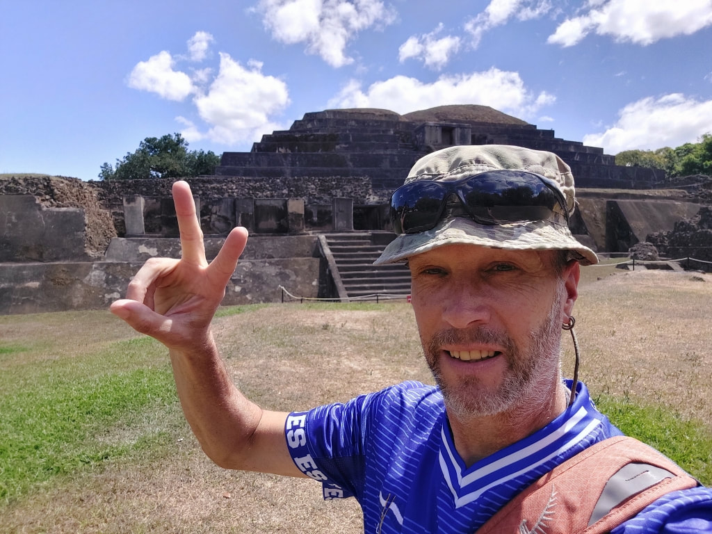 Nomadic backpacker at Parque Arqueológico Tazumal in El Salvador