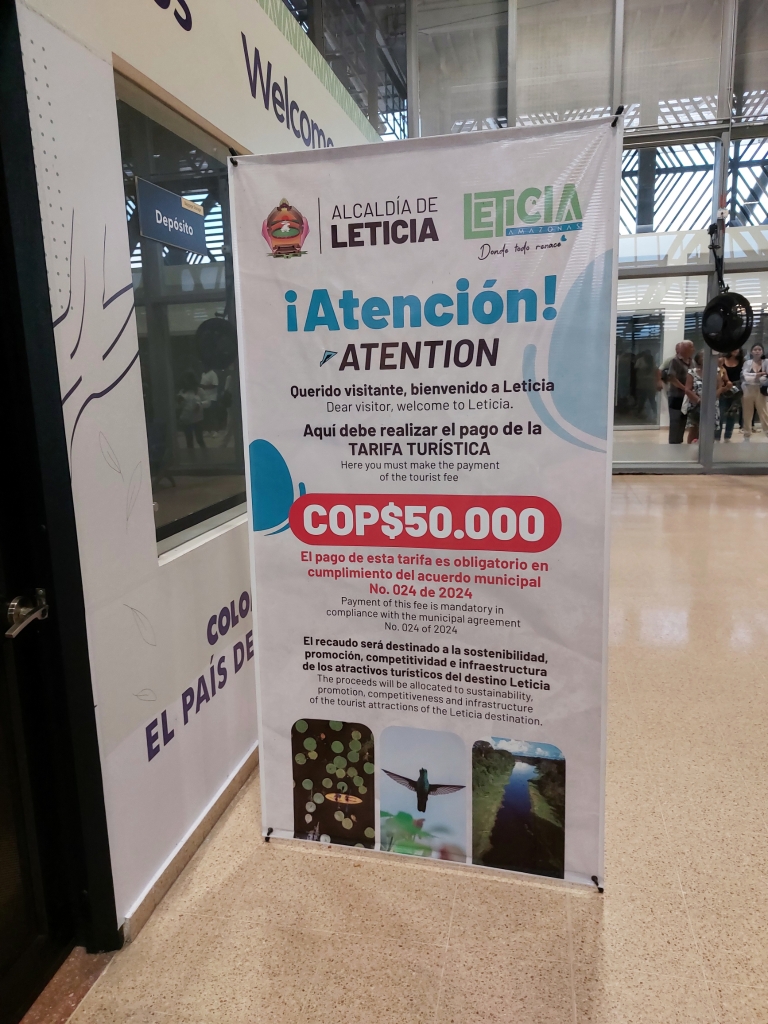 Sign for the tourist tax in Leticia, Colombia