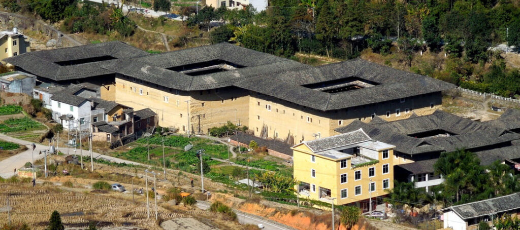 Aerial view of the Chuxi Tulou in Yongding, China